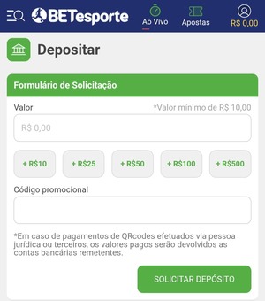 Interface de depósito da BETesporte