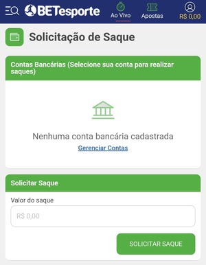 Interface de saque na BETesporte, onde pode adcionar uma conta bancária
