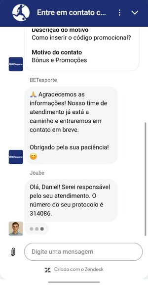 Print do chat ao vivo da BETesporte com atendimento sobre o código promocional
