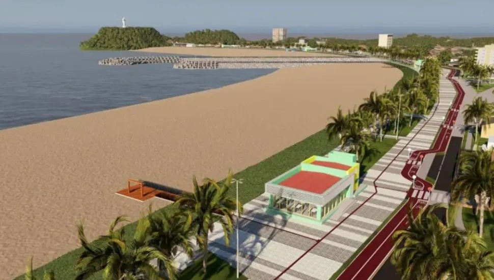 Projeto de revitalização da orla de Guaratuba, com alargamento previsto de 100 metros na Praia Central.