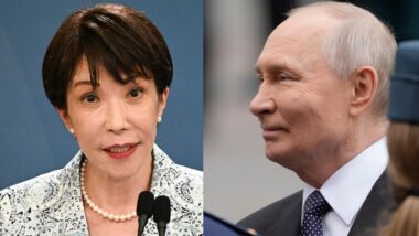 A primeira-ministra japonesa, Sanae Takaichi, e o ditador russo, Vladimir Putin: situação gera constrangimento e cobrança de aliados de Tóquio Imagem referente a matéria