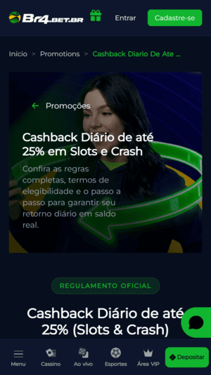 Captura de tela da oferta de cashback da Br4bet, o melhor cassino online para jogos com provedores seguros