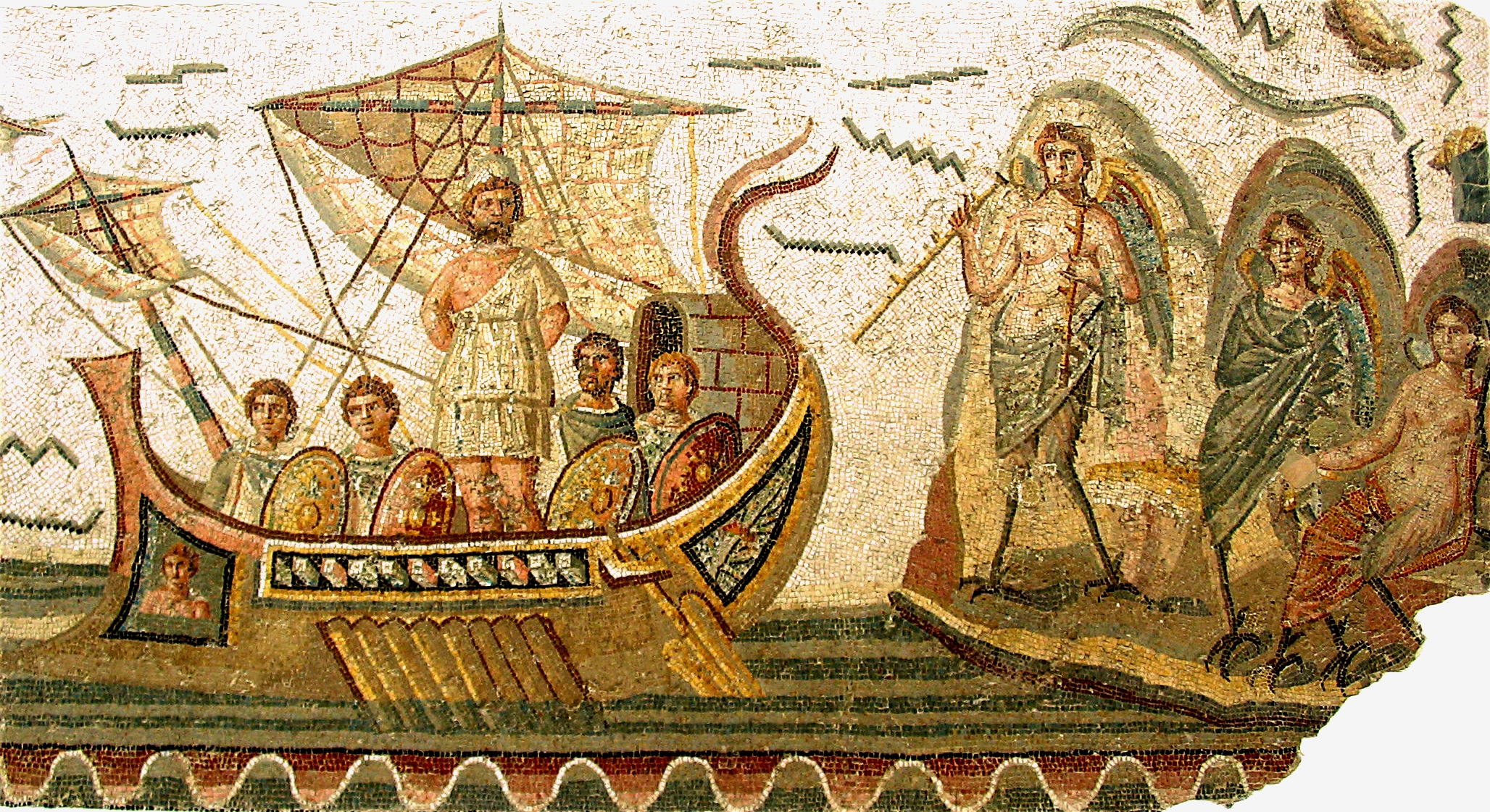 Mosaico romano do século 2.º d.C. descrevendo o encontro de Odisseu (ou Ulisses) e as sereias.