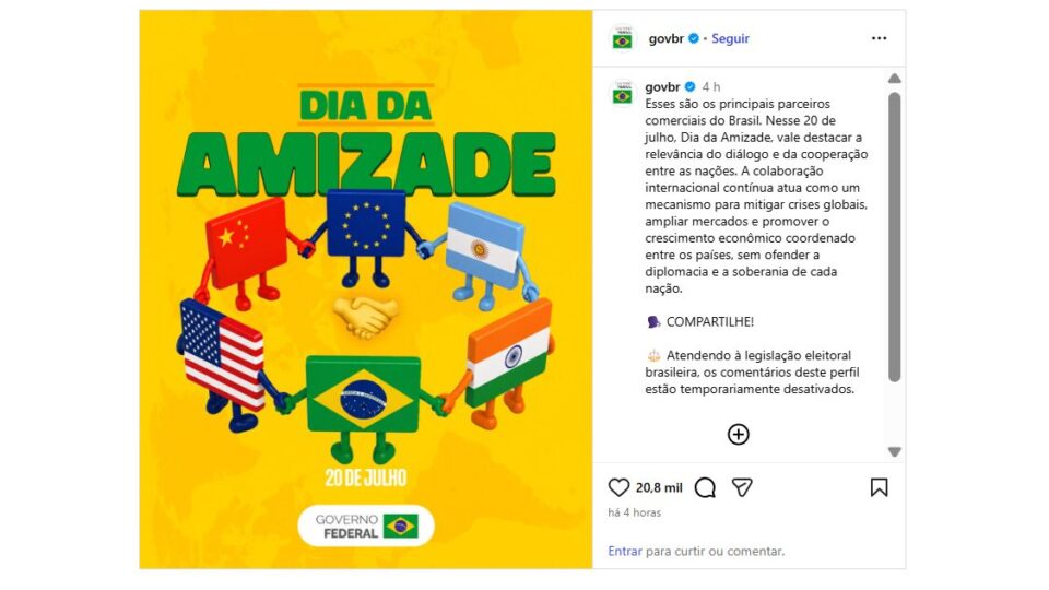 Em meio a tarifas, governo brasileiro divulga imagem de bandeiras do Brasil e dos EUA unidas