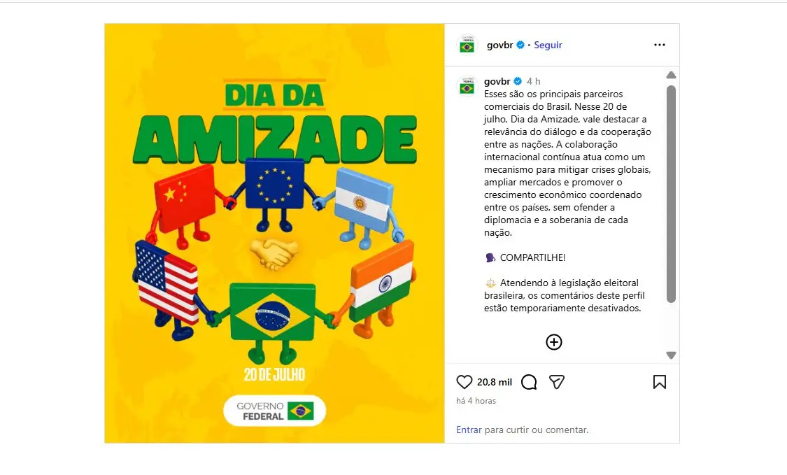 Em meio ao tarifaço, governo publica imagem de bandeiras do Brasil e dos EUA de mãos dadas