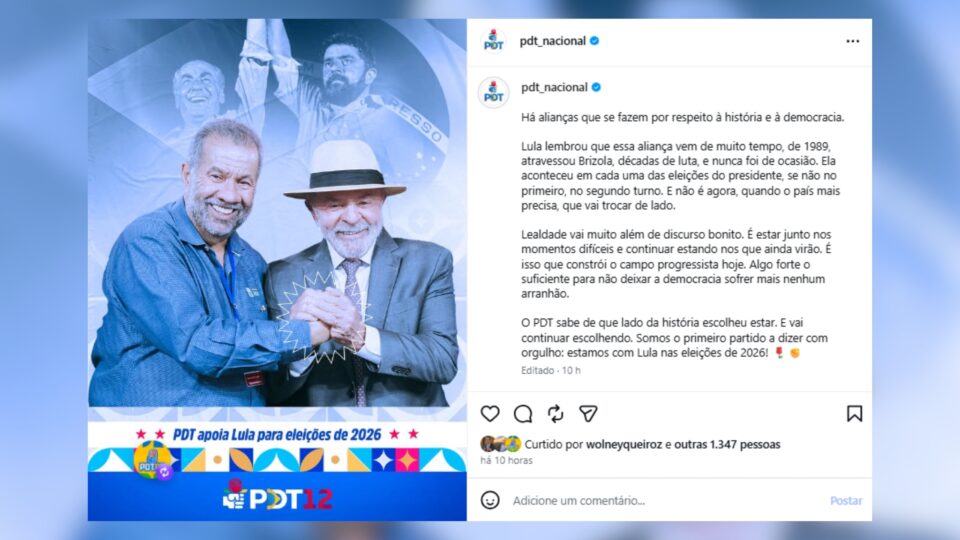 PDT é o primeiro partido a cravar apoio à reeleição de Lula