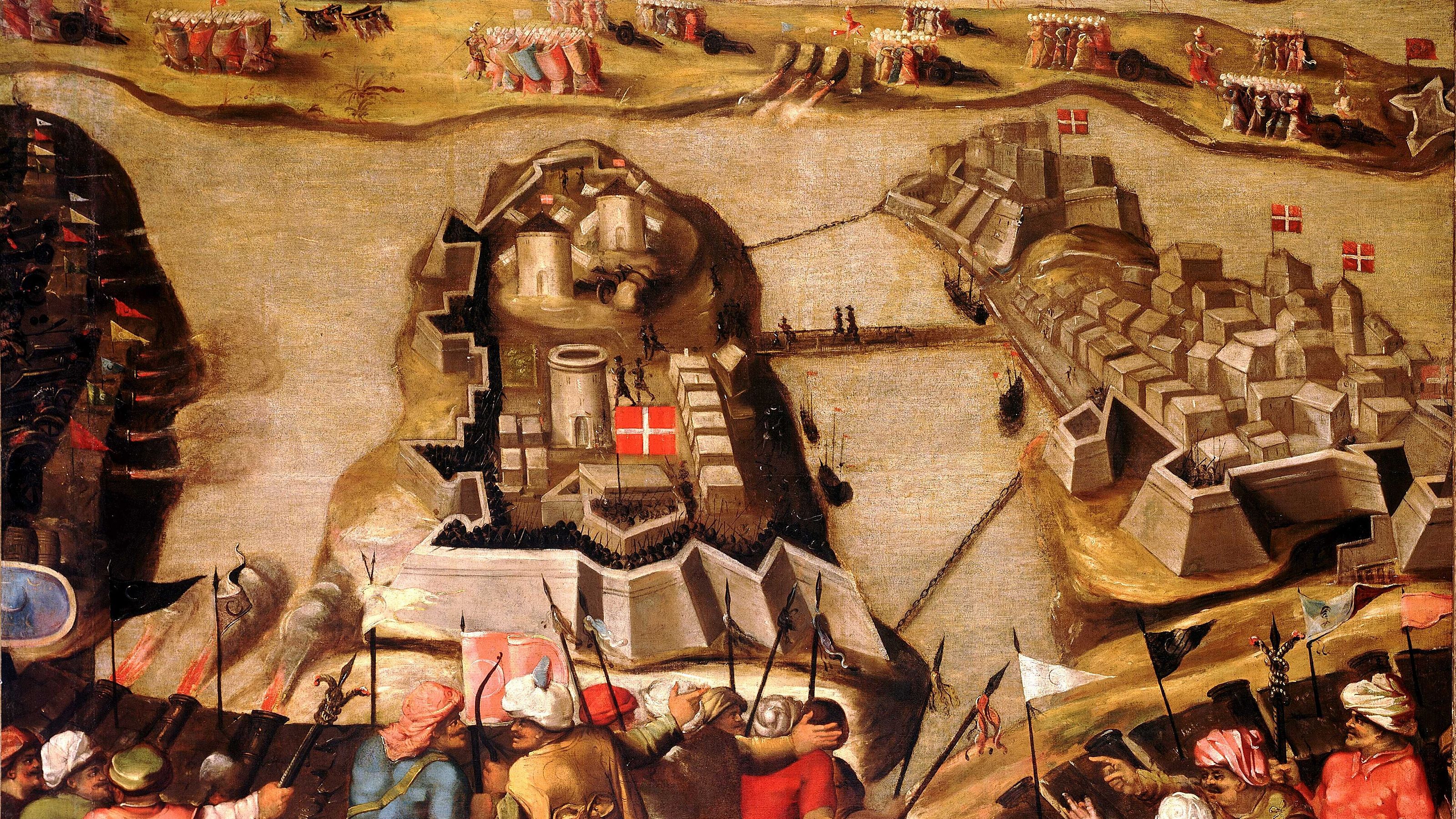 Pintura de Matteo Pérez de Alesio mostra o ataque turco ao forte de São Miguel, durante o Cerco de Malta.