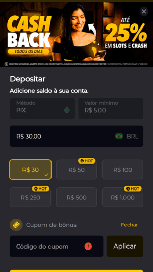 Tela de depósito disponível na versão mobile da Gol de Bet