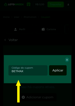 Código BETMAX inserido na área de cupons da Lotogreen, digitado no campo “Código do cupom”
