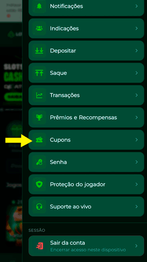 Menu do perfil do usuário na Lotogreen onde aparece a opção “Cupons”