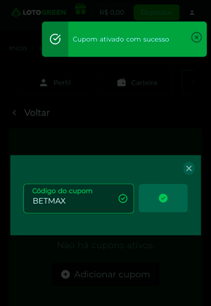 Notificação de “cupom ativado com sucesso” após digitar o código BETMAX na Lotogreen