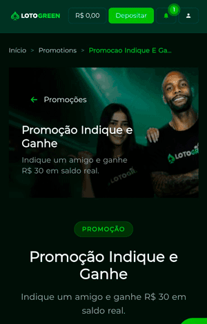 Oferta “Promoção Indique e Ganhe” acessada na Lotogreen com o código
