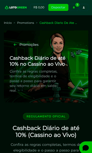 Oferta de “Cashback diário para cassino ao vivo” ativa na Lotogreen com o código promocional