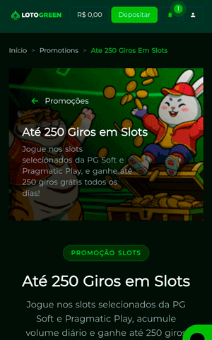 Campanha “Até 250 giros em slots” ativa na Lotogreen para usuários verificados