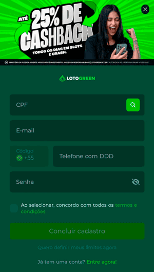Formulário de cadastro para abrir uma conta na Lotogreen