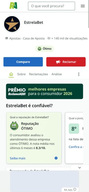 Notas da Estrela bet em sua página oficial no Reclame Aqui