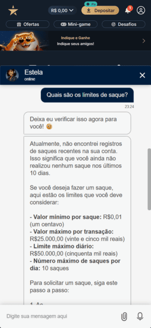 Captura de tela mostrando conversa com o suporte da Estrela bet