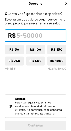 Interface de depósito da KTO que exibe o limite mínino de R$ 5 para depositar via Pix
pol;