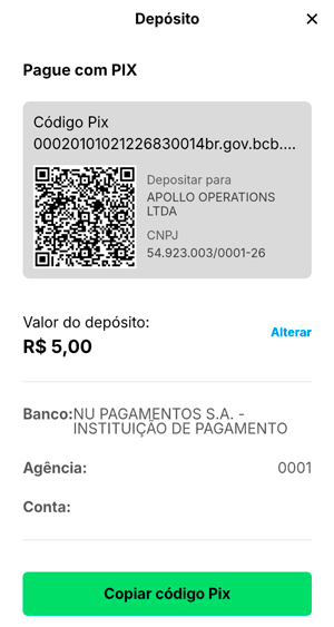 Captura de tela da KTO mostra a tela de depósito via Pix com o QR Code gerado