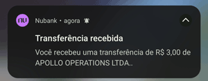 Notificação de comprovante de saque de R$ 3 através do Pix na KTO, processado pela Apollo Operations
