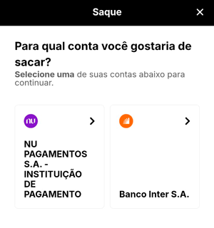 Interfade de saque via Pix na KTO em que é possível escolher qual conta bancária gostaria de sacar