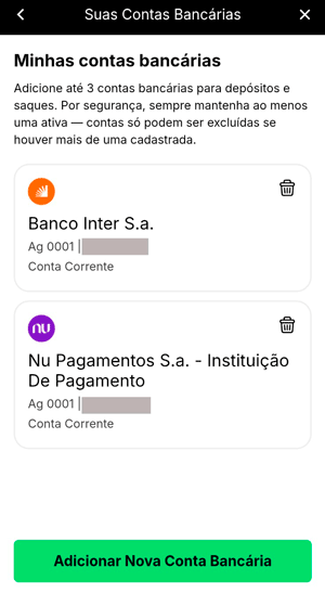 Área de “Suas Contas bancárias” na KTO onde o usuário pode adcionar suas contas para fazer saques