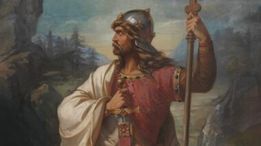 Detalhe de pintura de Luis de Madrazo y Kuntz (1853) retratando Pelágio das Astúrias, que liderou a resistência aos muçulmanos em Covadonga.
