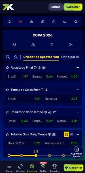 Mercados de apostas na Bet7k com a sinalização que são compatíveis com cash out