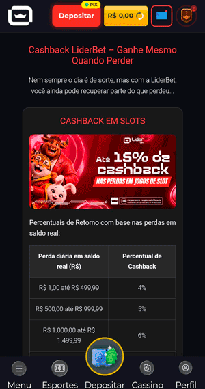 Página da oferta de cashback na Líderbet, onde exibe a tabela de reembolso por porcentagem