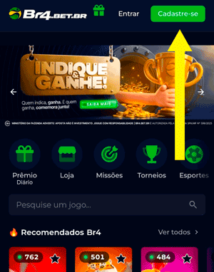 Tela inicial da Br4bet com o botão de cadastro destacado no canto superior direito