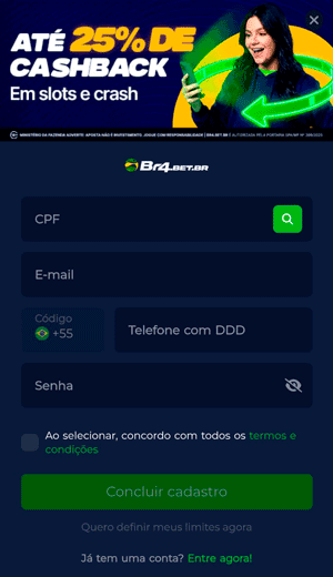 Formulário de cadastro da Br4bet com os campos de CPF, e-mail e telefone.