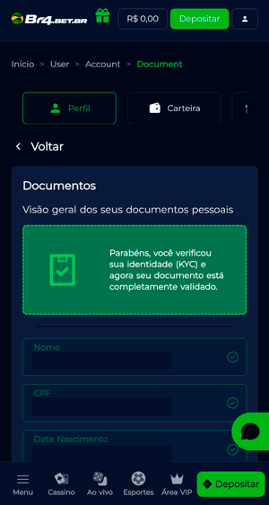 Etapa de verificação de identidade da Br4bet com envio de documento e reconhecimento facial aprovados