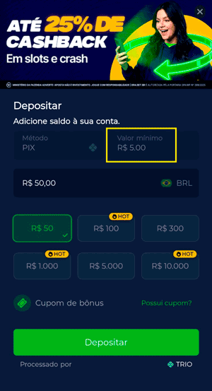 Interface de depósito da Br4bet que exibe o depósito mínimo de R$ 5