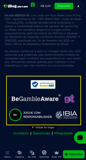 Rodapé da plataforma da Br4bet que exibe seus selos de segurança como IBIA, GT e Verificado por Reclame Aqui