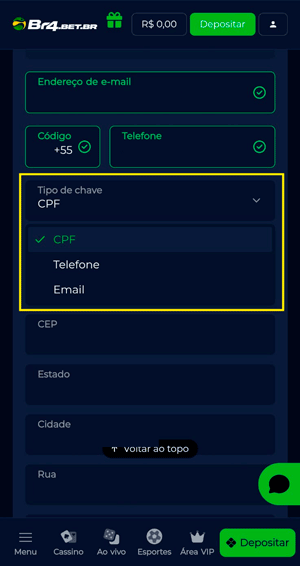 Interface de área “Conta” onde o usuário pode trocar as chaves Pix cadastradas