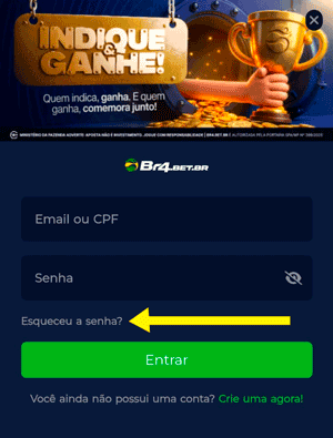 Interface de login na Br4bet com destaque para o botão de “Esqueceu a senha?” para recuperar a conta