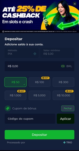 Tela de depósito da Br4bet com o campo para inserir o código de cupom BETMAX.