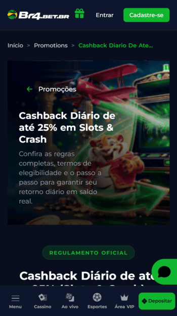 Oferta de cashback disponível para slots na Br4bet