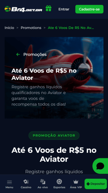 Promoção que gera até 6 voos grátis para o jogo Aviator