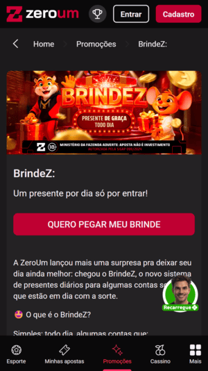 Página oficial da oferta BrindeZ, da Zero Um Bet
