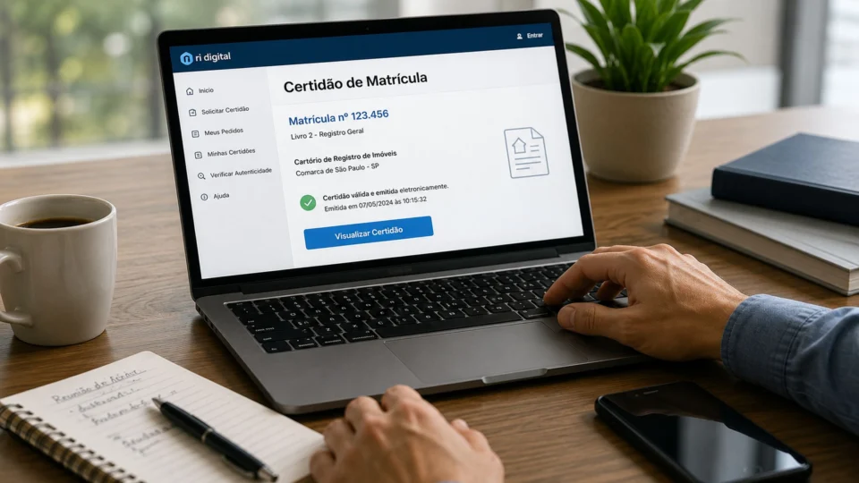 A emissão digital da certidão de matrícula permite consultar, de forma rápida e segura, a titularidade do imóvel e eventuais restrições antes da conclusão da negociação.