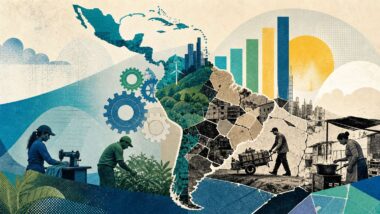 Ilustração conceitual da silhueta da América Latina com engrenagens e barras de crescimento econômico sob texturas fragmentadas que simbolizam a informalidade.