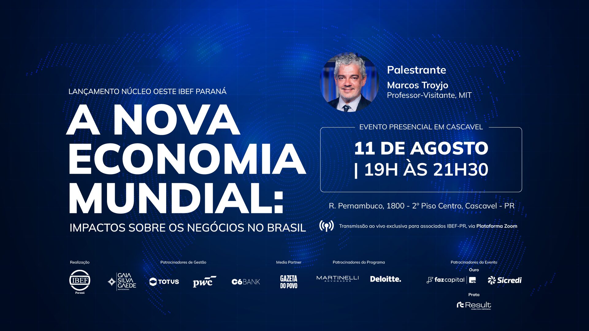 Marcos Troyjo, professor visitante do MIT, será o palestrante do lançamento do Núcleo Oeste do IBEF Paraná, em Cascavel. O encontro reunirá empresários e executivos para discutir os impactos da nova economia mundial sobre os negócios no Brasil, além de promover networking entre lideranças do setor produtivo.