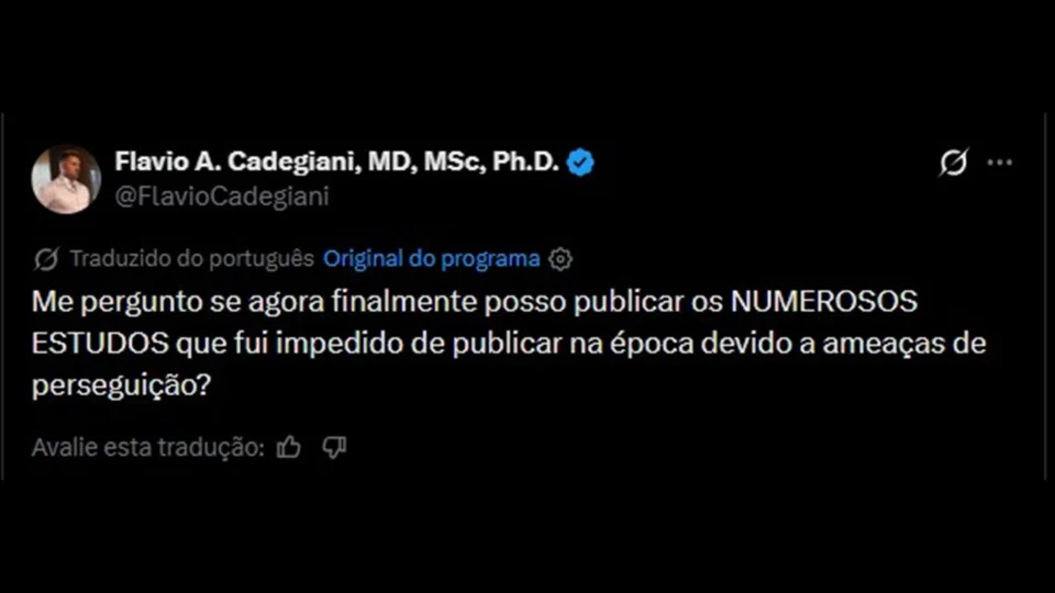 Postagem do endocrinologista e pesquisador Flavio Cadegiani em seu perfil na rede X.