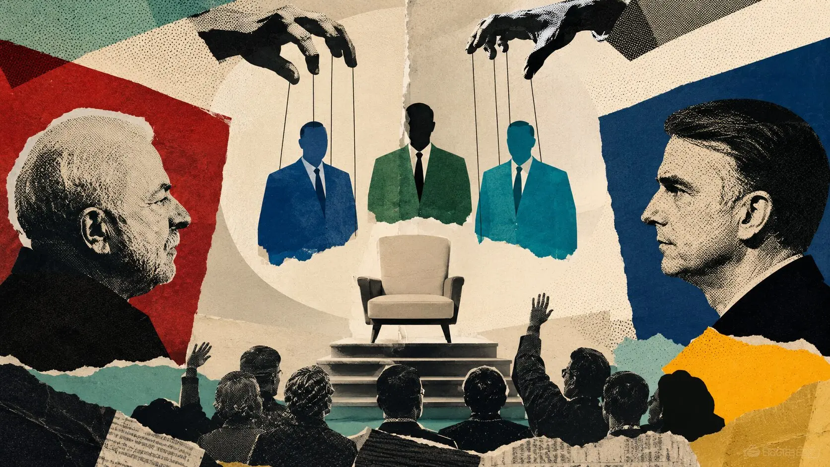A imagem gerada por IA ilustra a disputa política e a tensão entre forças que tentam controlar o centro da decisão