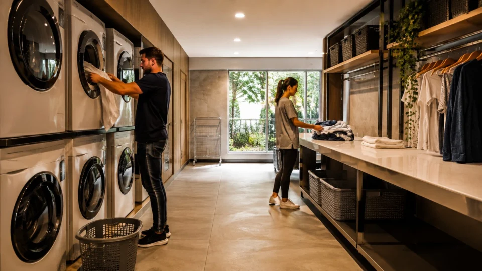 Lavanderias coletivas ganham espaço em condomínios com apartamentos compactos e reduzem a necessidade de áreas de serviço privativas.