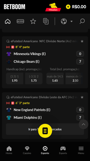 Mercados de futebol americano virtuais disponíveis na Betboom