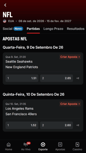 Captura de tela com jogos da temporada regular da NFL pela Superbet