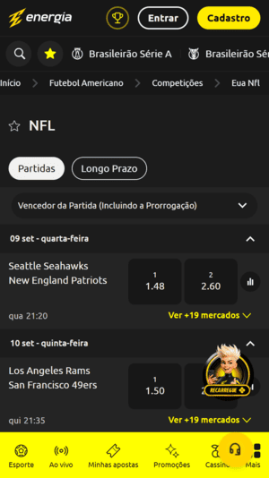 Mercados com apostas pré-jogo na NFL pela Energiabet