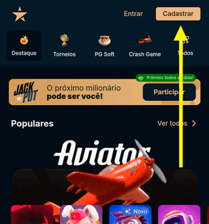 Página inicial da Estrelabet com destaque para o botão “Cadastrar” no canto superior direito